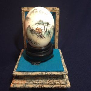 Vintage Signed Hand Painted Chinese Egg w/ Mountain Landscape In Display Case